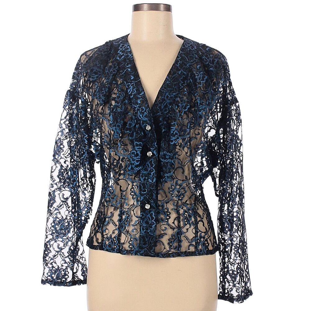 Vintage 90s Shelli Segal Floral Lace Blouse Blue Whimsigoth Ruffle Rhinestone